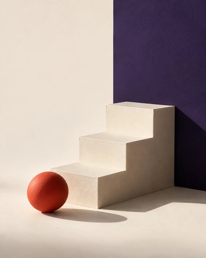 Conceptual still life of paper steps and a vermilion sphere