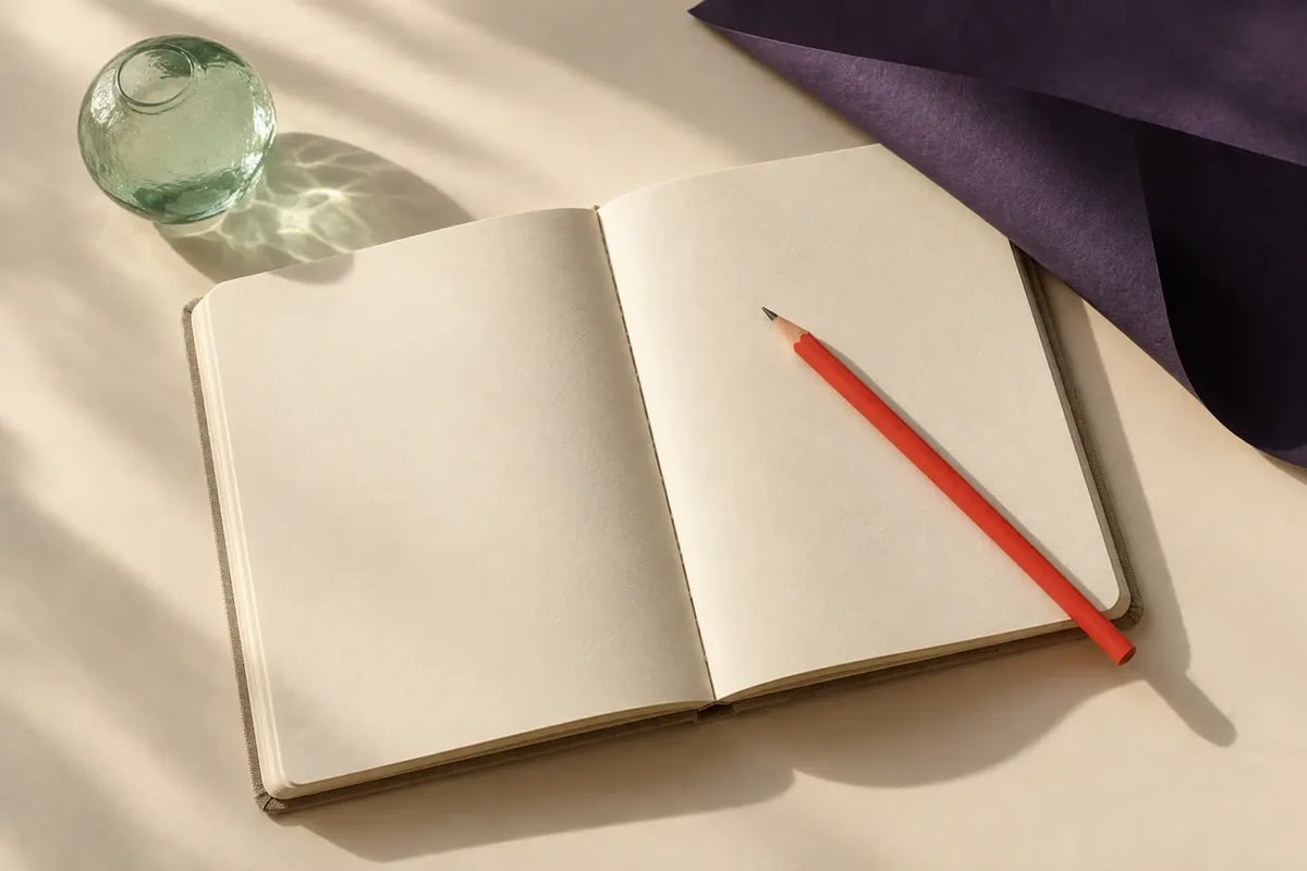 Editorial still life of a blank notebook and a vermilion pencil