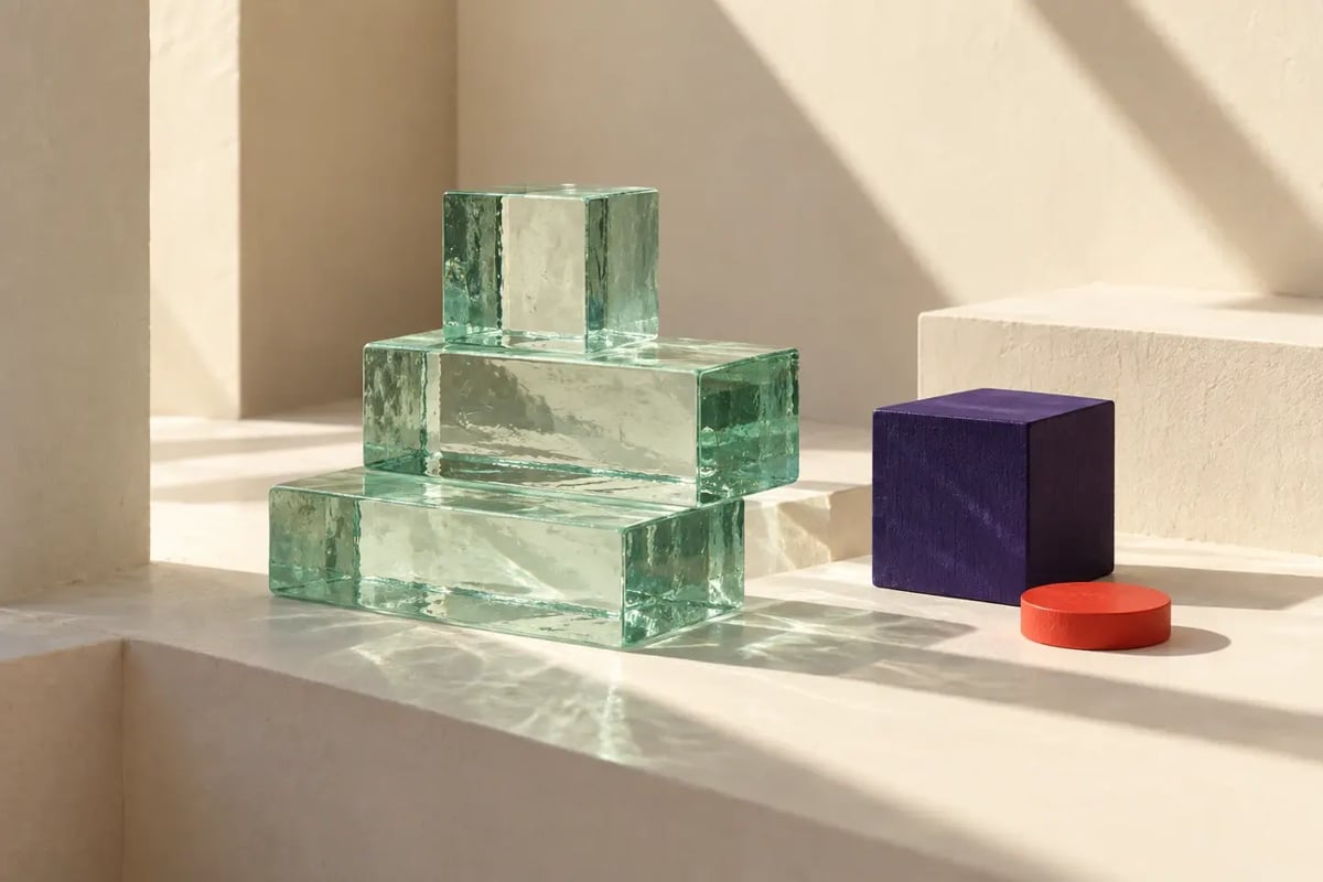 Conceptual still life of mint glass blocks and colored geometric objects
